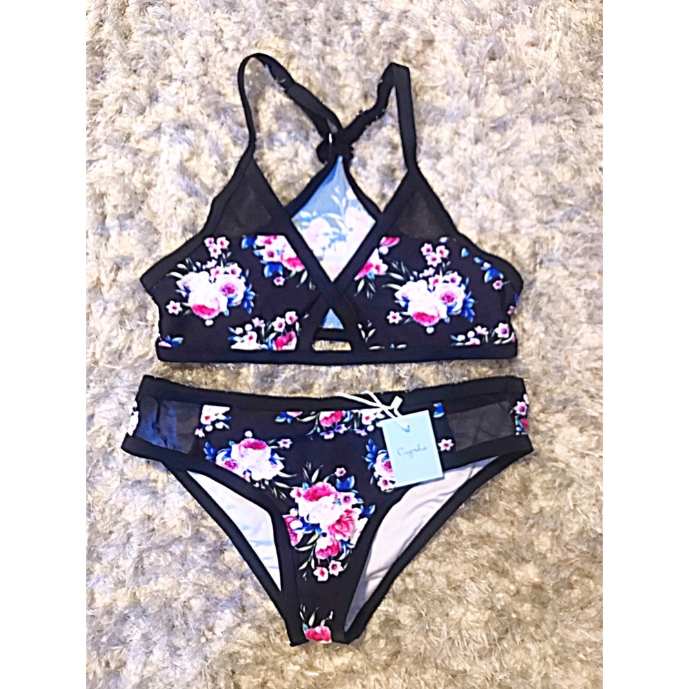 Black Floral Bikini- L